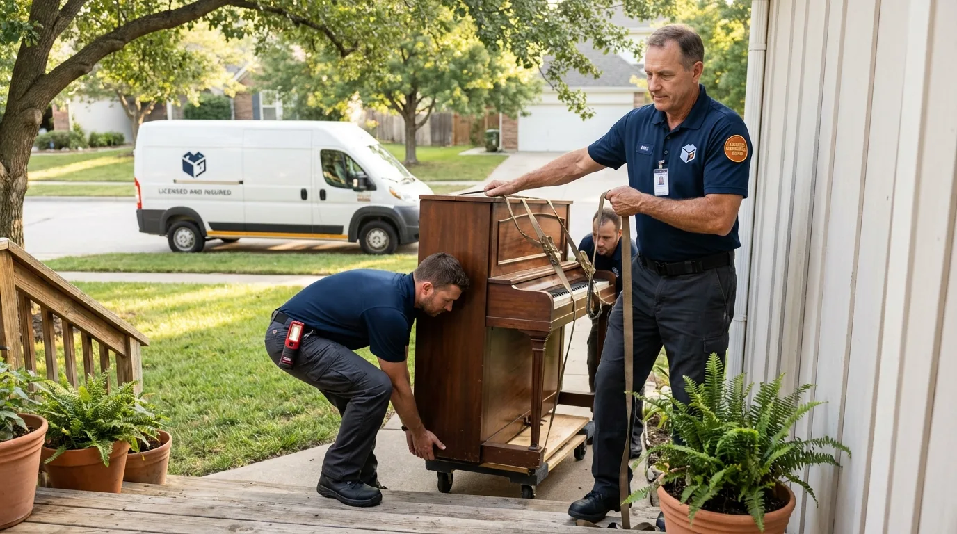 Licensed piano movers securing grand piano in Sonoma, CA