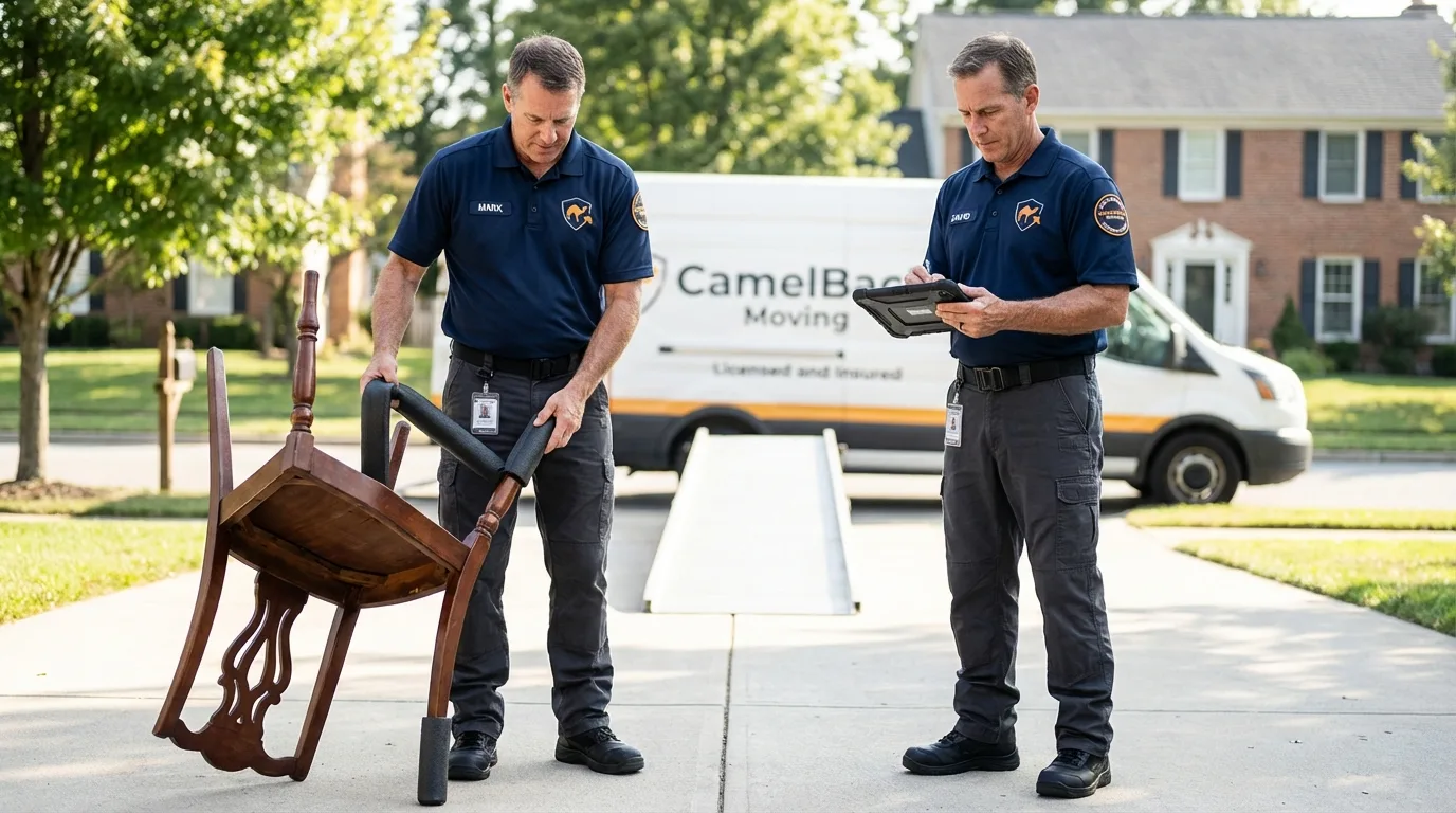 Movers inspecting furniture for damage prevention before loading in Sonoma, CA