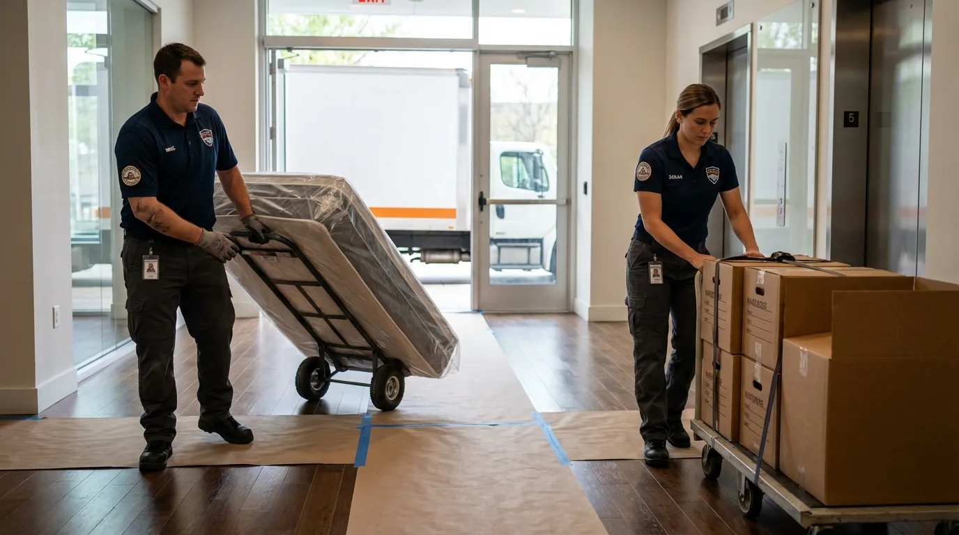 Professional apartment movers loading elevator in Sonoma, CA